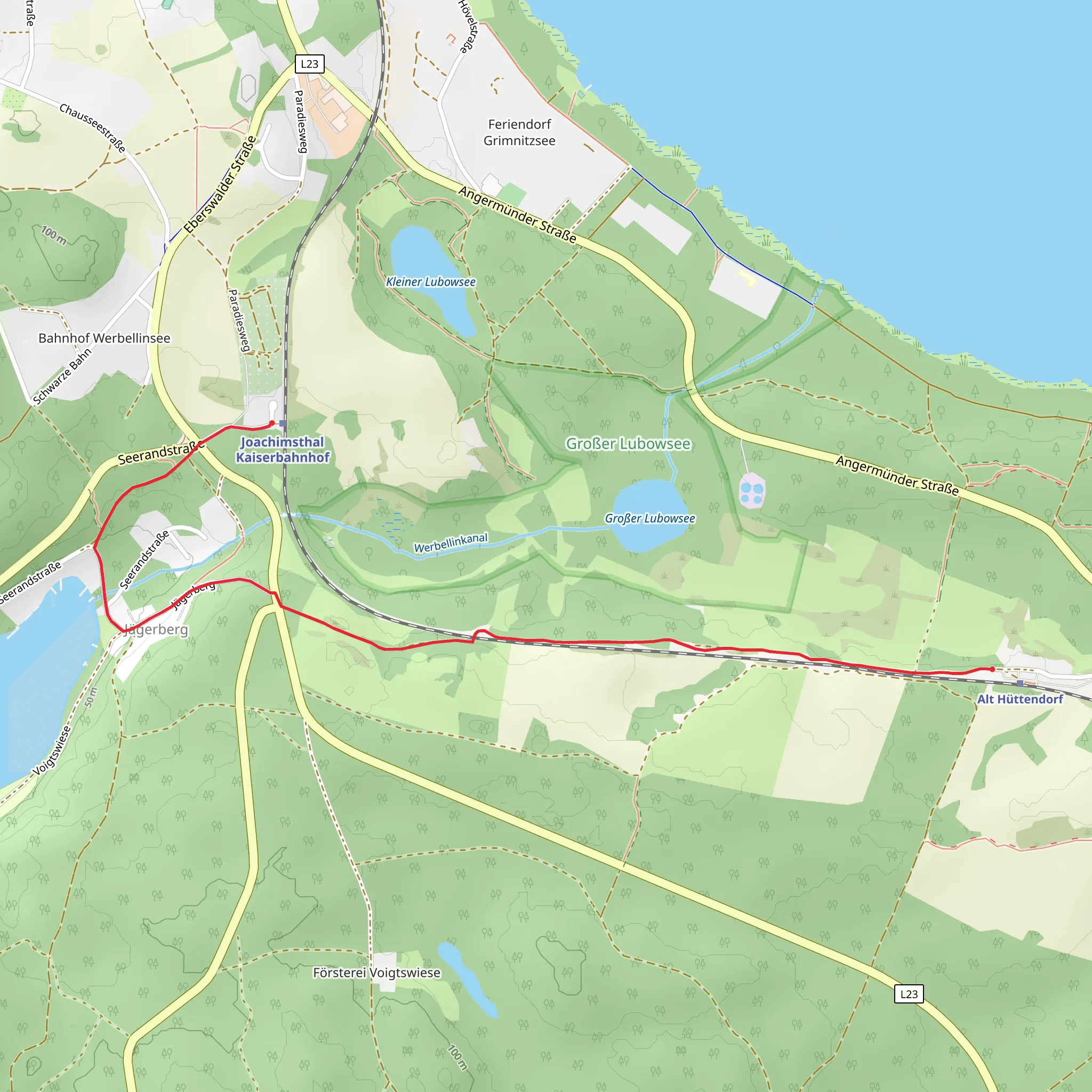 Alt Hüttendorf to Bahnhof Werbellinsee via Blauer Balken Gollin - Eberswalde mobile static map