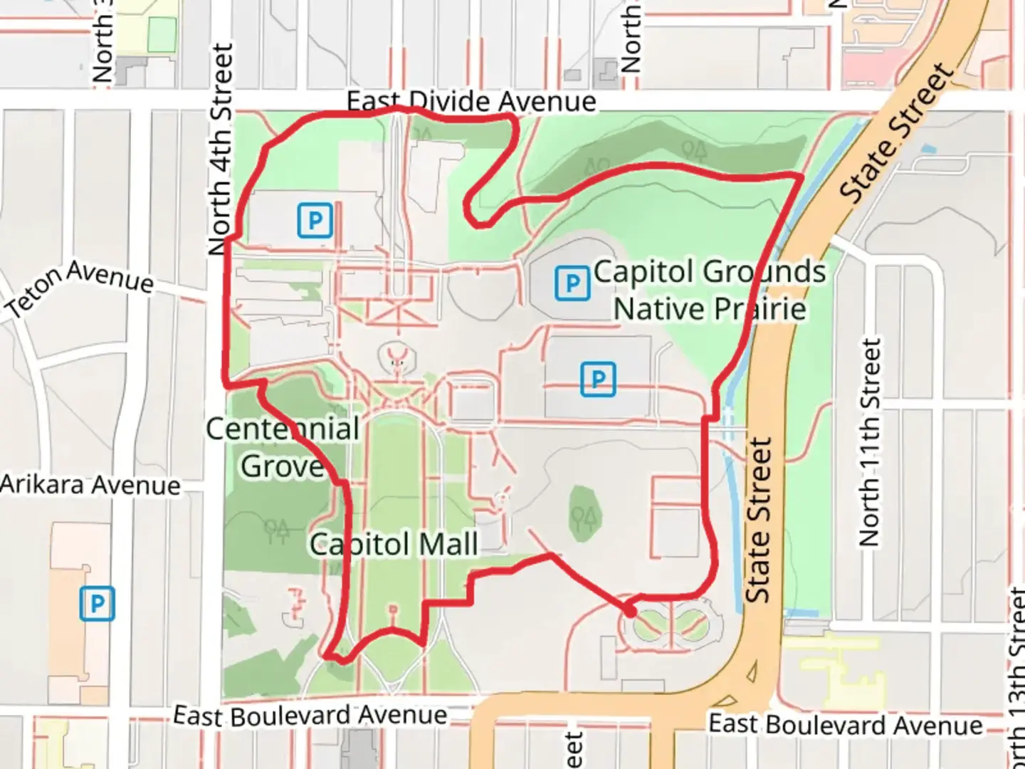 An image depicting the trail Capitol Mall Loop and its surrounding area.