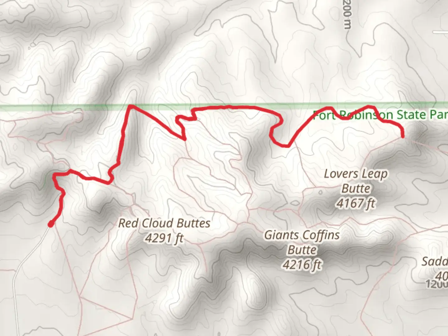 An image depicting the trail Lovers Leap Butte via Red Cloud Butte Trail and its surrounding area.