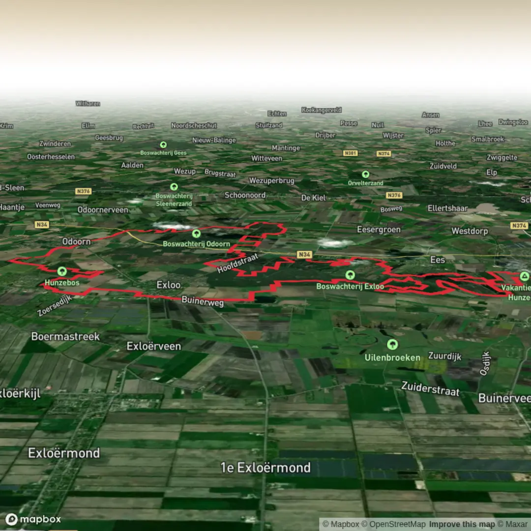 An image depicting the trail Boswachterij Exloo, Hunzebos and Boswachterij Odoorn Loop and its surrounding area.