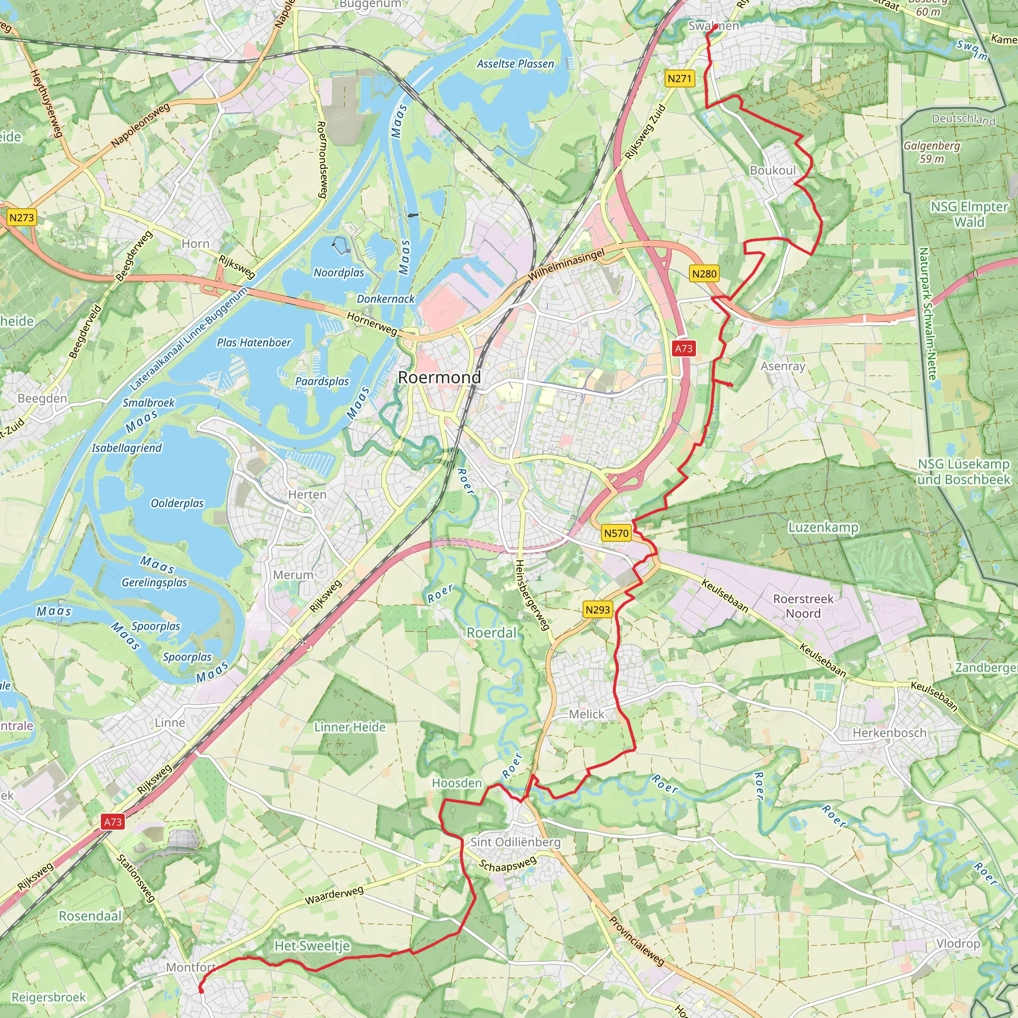 Montfort to Swalmen via Hazenpad, Het Sweeltje and Vlinkenbroek mobile static map