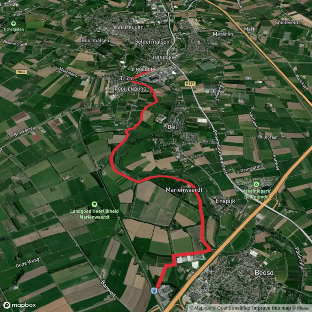 An image depicting the trail Beesd to Geldermalsen via Marieenwaerdt - Linge and its surrounding area.
