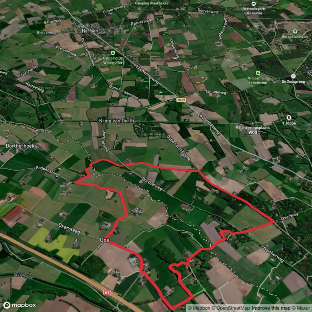 An image depicting the trail Paddensteeg and Oude Larense Weg Loop and its surrounding area.