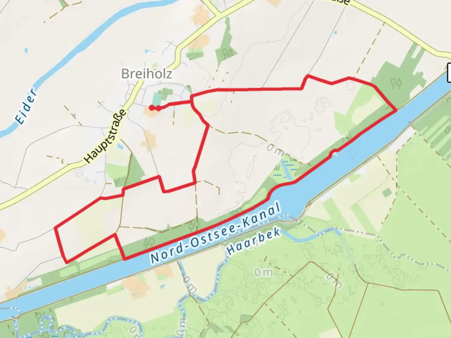 An image depicting the trail Nord Ostsee Kanal via Rollerbargs Weg and Törmos-Weg and its surrounding area.