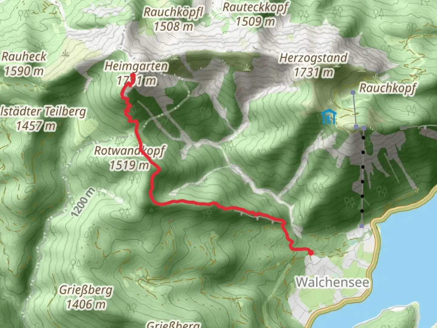 An image depicting the trail Weisser Schrofen to Whs Heimgartenhuette via Wanderweg Blau and its surrounding area.