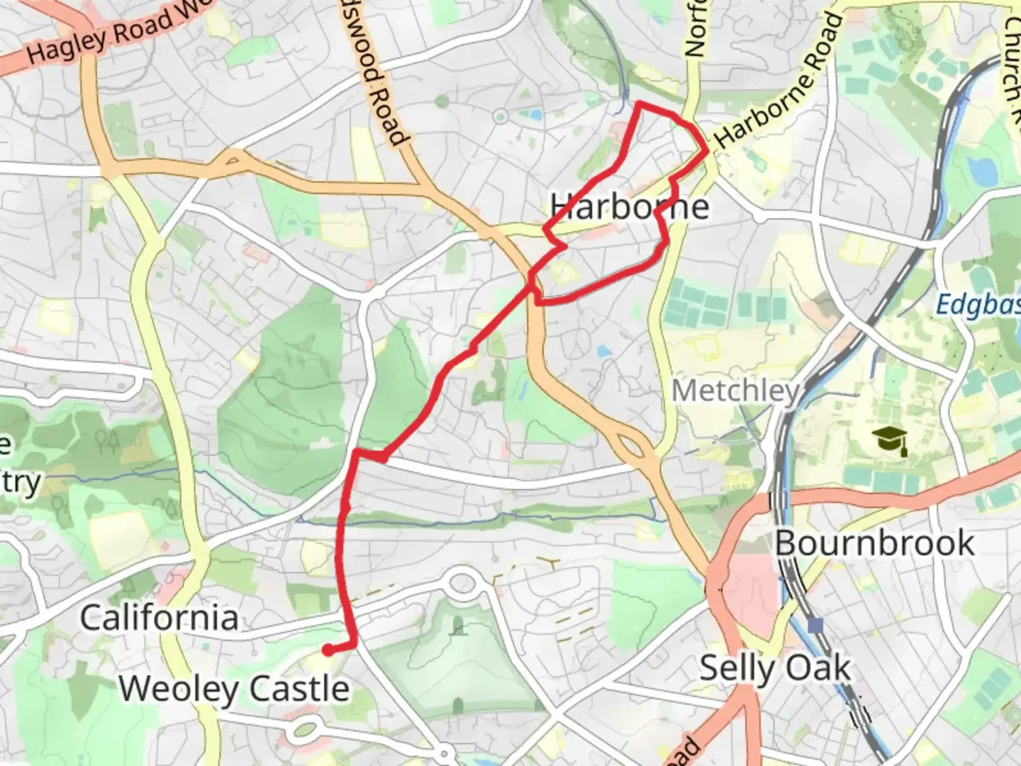 An image depicting the trail Harborne Loop - Weoley Castle and its surrounding area.