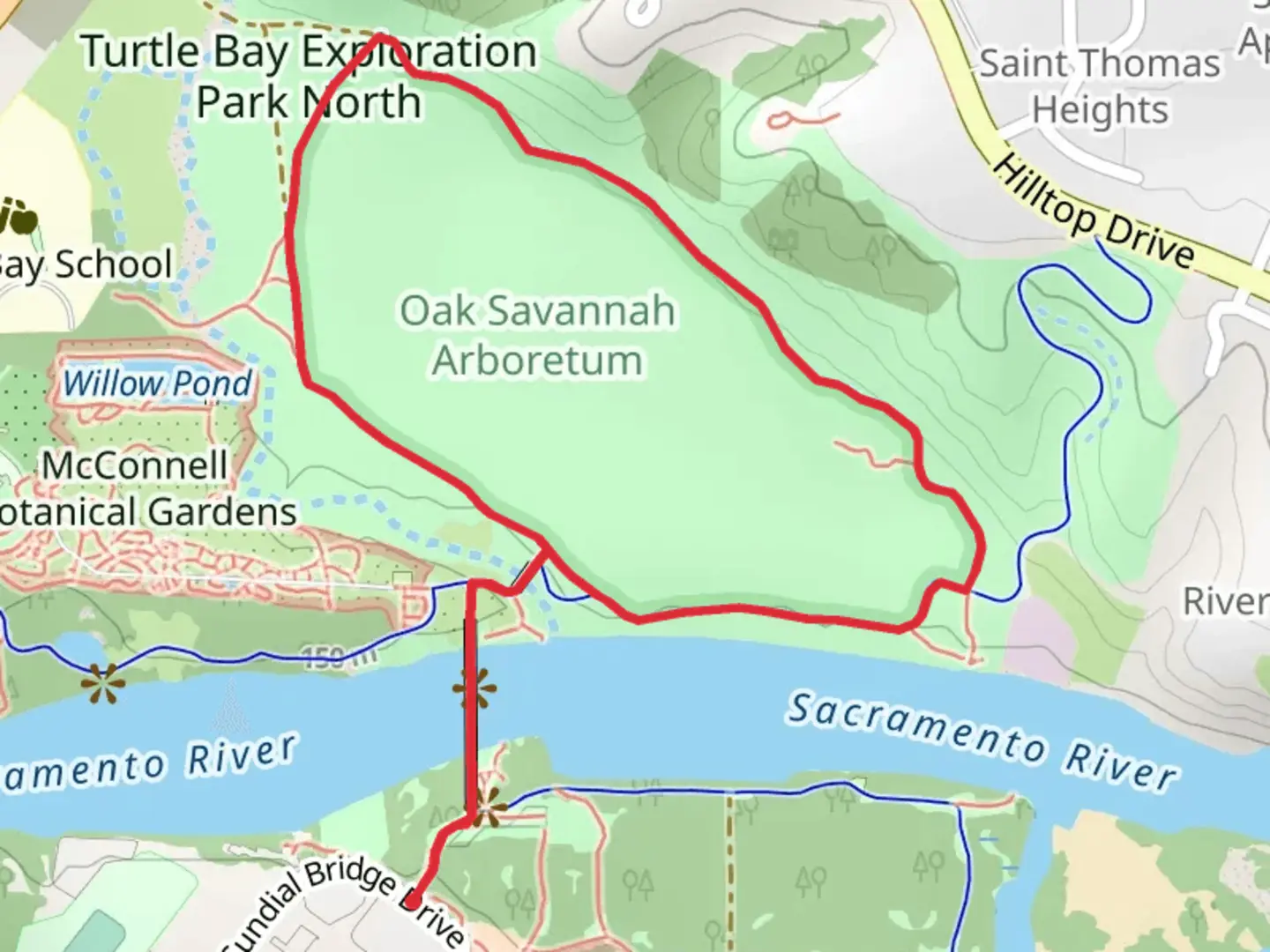 An image depicting the trail Aboretum Loop Trail via Sundial Bridge and its surrounding area.