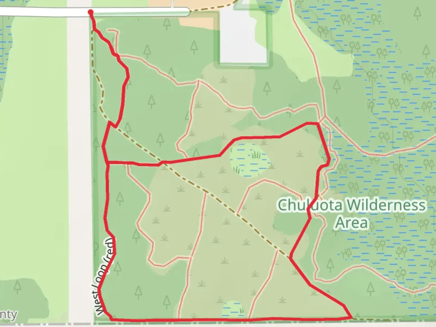 An image depicting the trail West Loop - Red and its surrounding area.