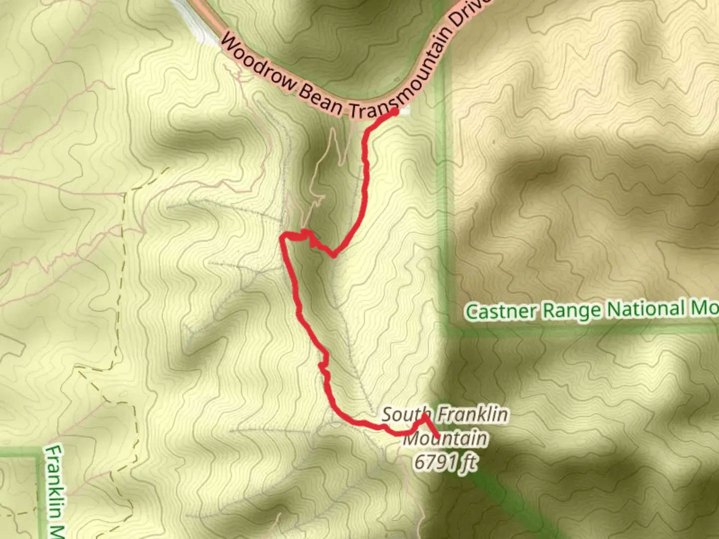 An image depicting the trail South Franklin Mountain via Ron Coleman Trail from Woodrow Bean Transmountain Road and its surrounding area.