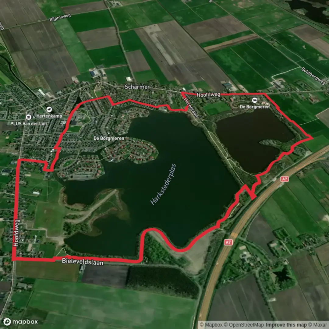 An image depicting the trail Harkstederplas and Scharmerplas Loop and its surrounding area.