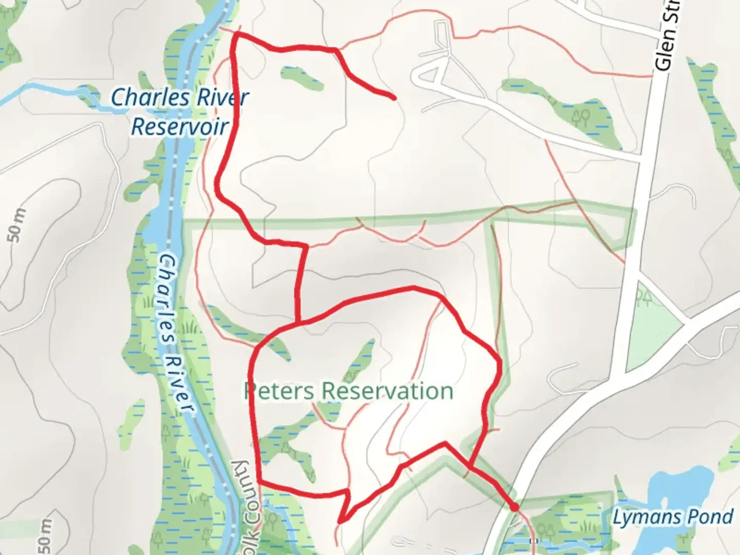 An image depicting the trail Charles River Reservoir from Farm Street and its surrounding area.