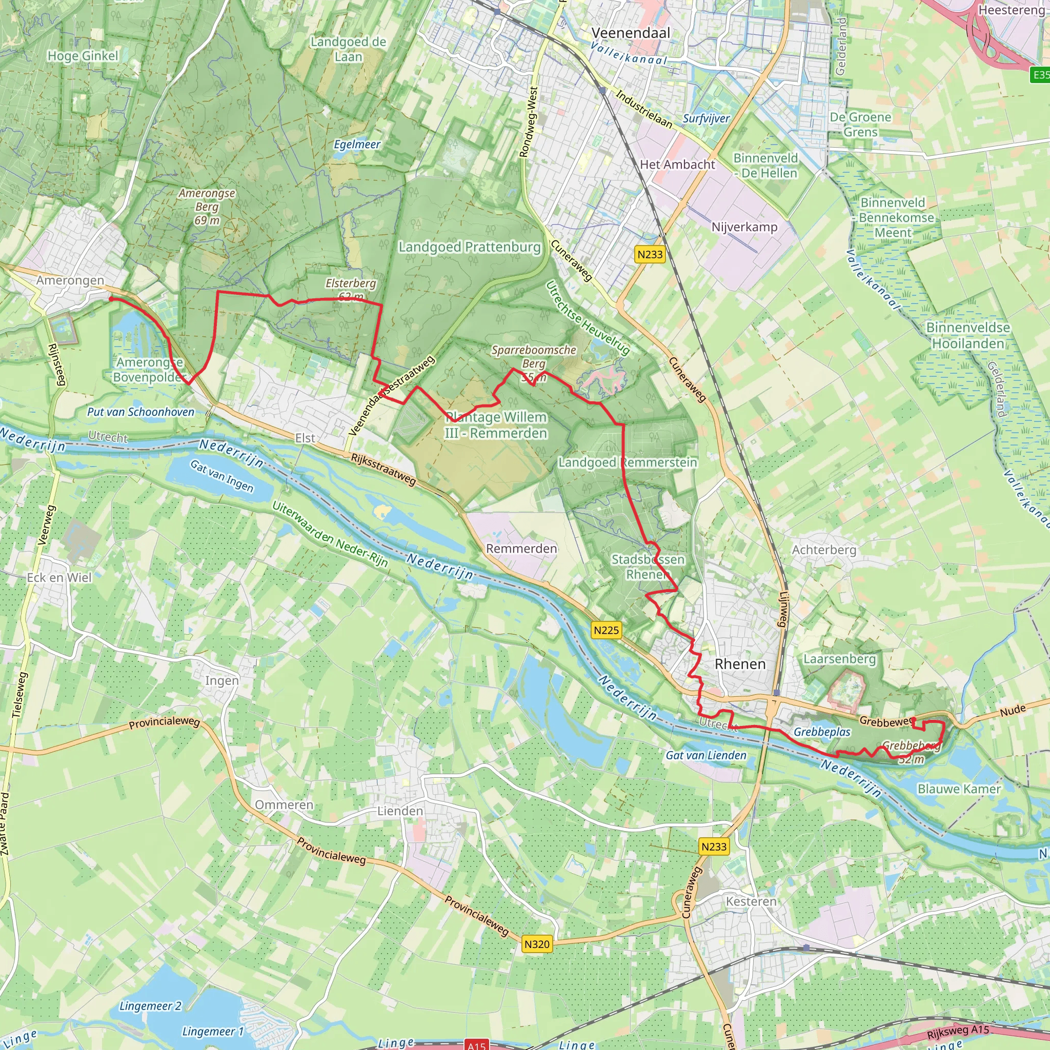 Amerongen to Laareind via Stadsbossen Rhenen and Grebeberg mobile static map