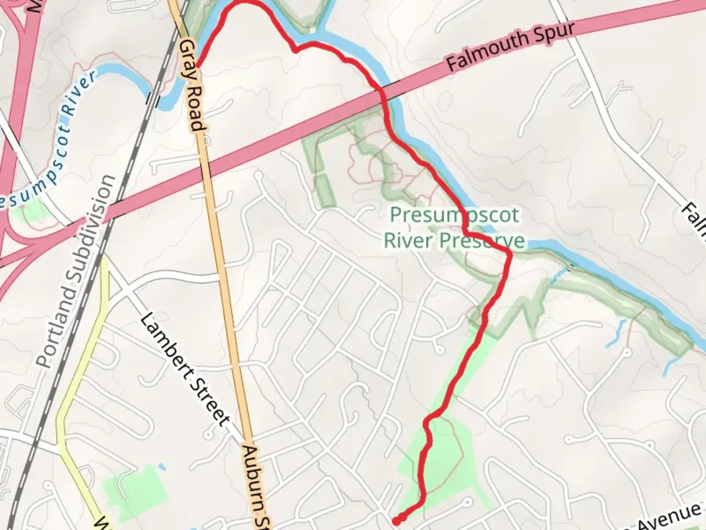 An image depicting the trail Presumpscot River from Summit Street and its surrounding area.