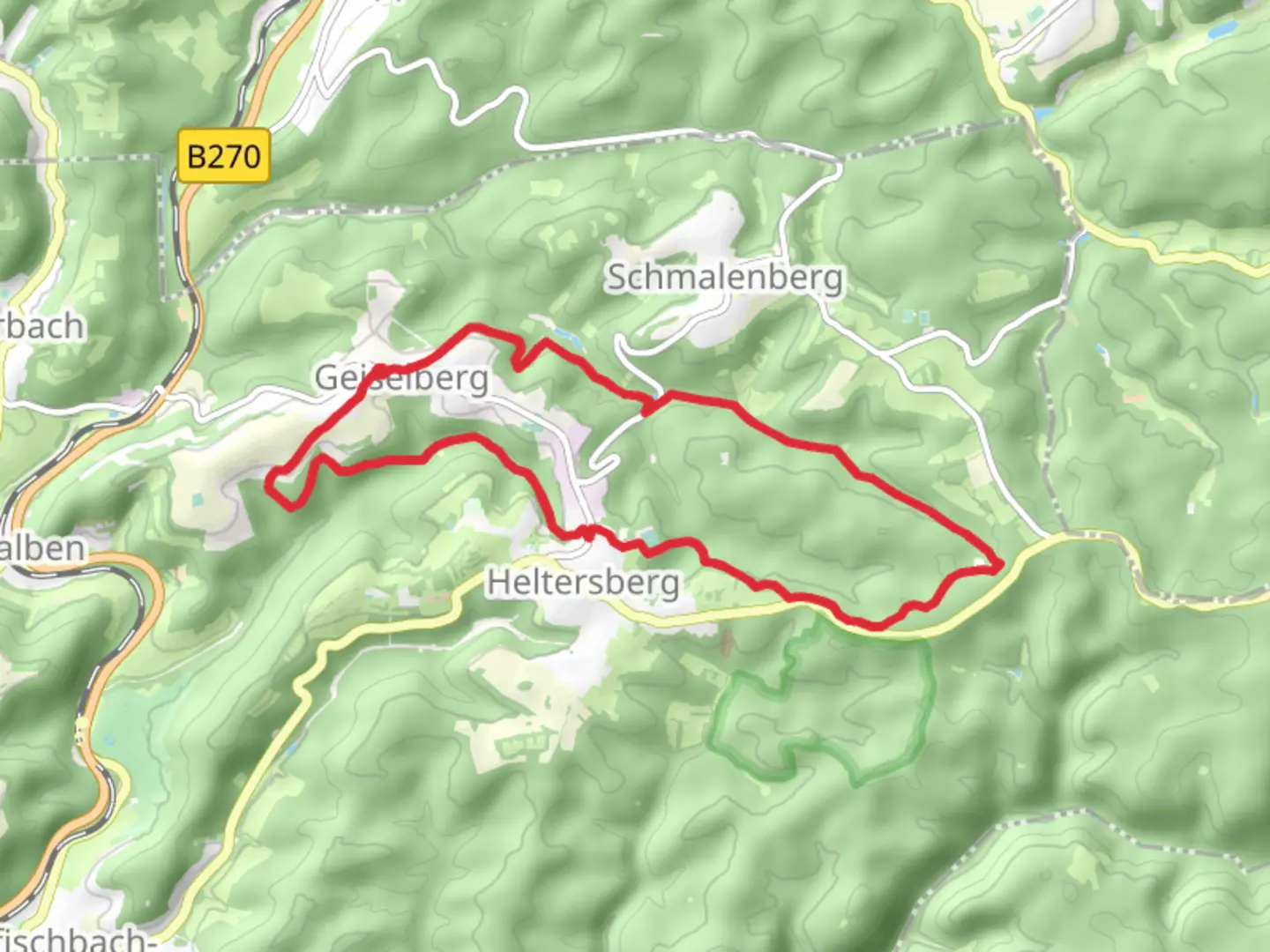 An image depicting the trail Geiselberg and Hembachwald Loop and its surrounding area.