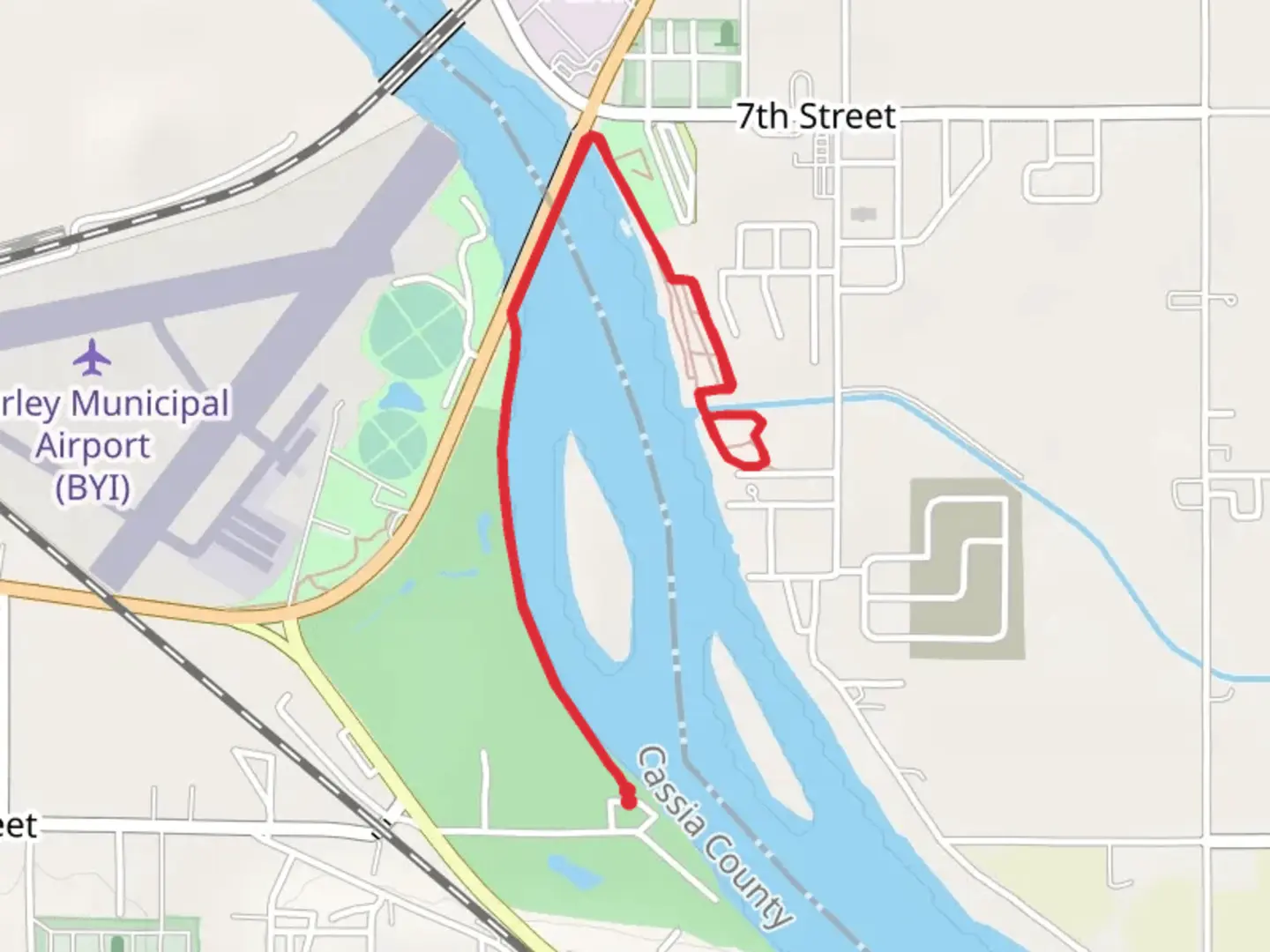 An image depicting the trail Walk beside Snake River - Burley Golf Course and its surrounding area.