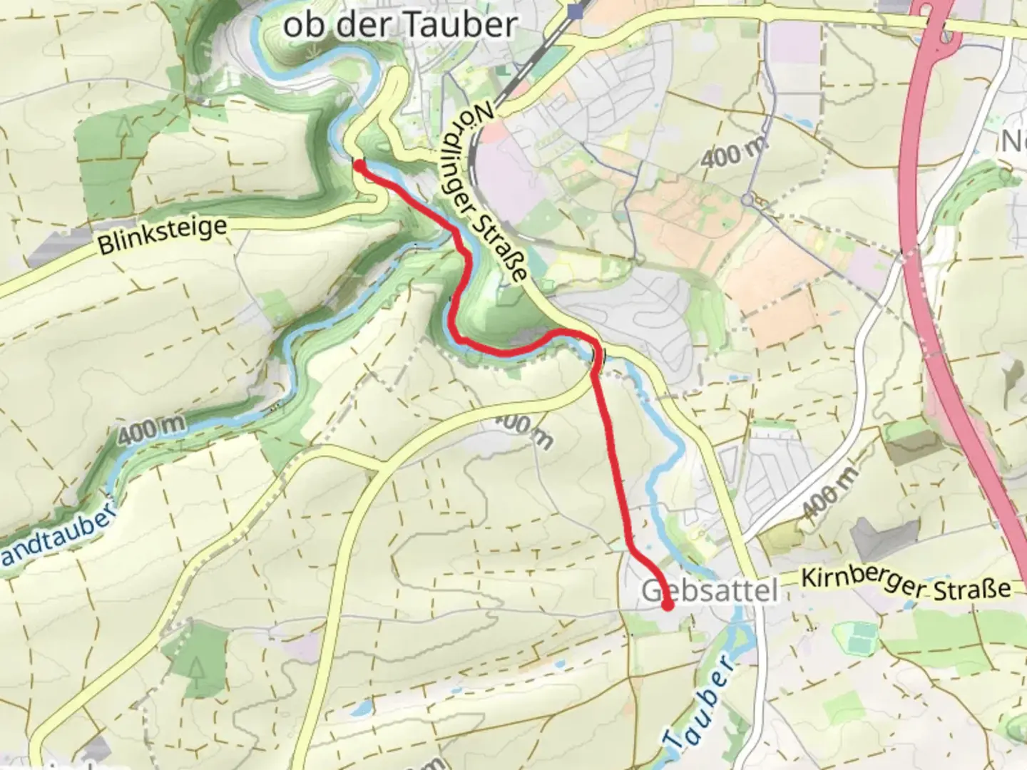 An image depicting the trail Steinmuehle to Wasenmuehle via Rothenburger and its surrounding area.
