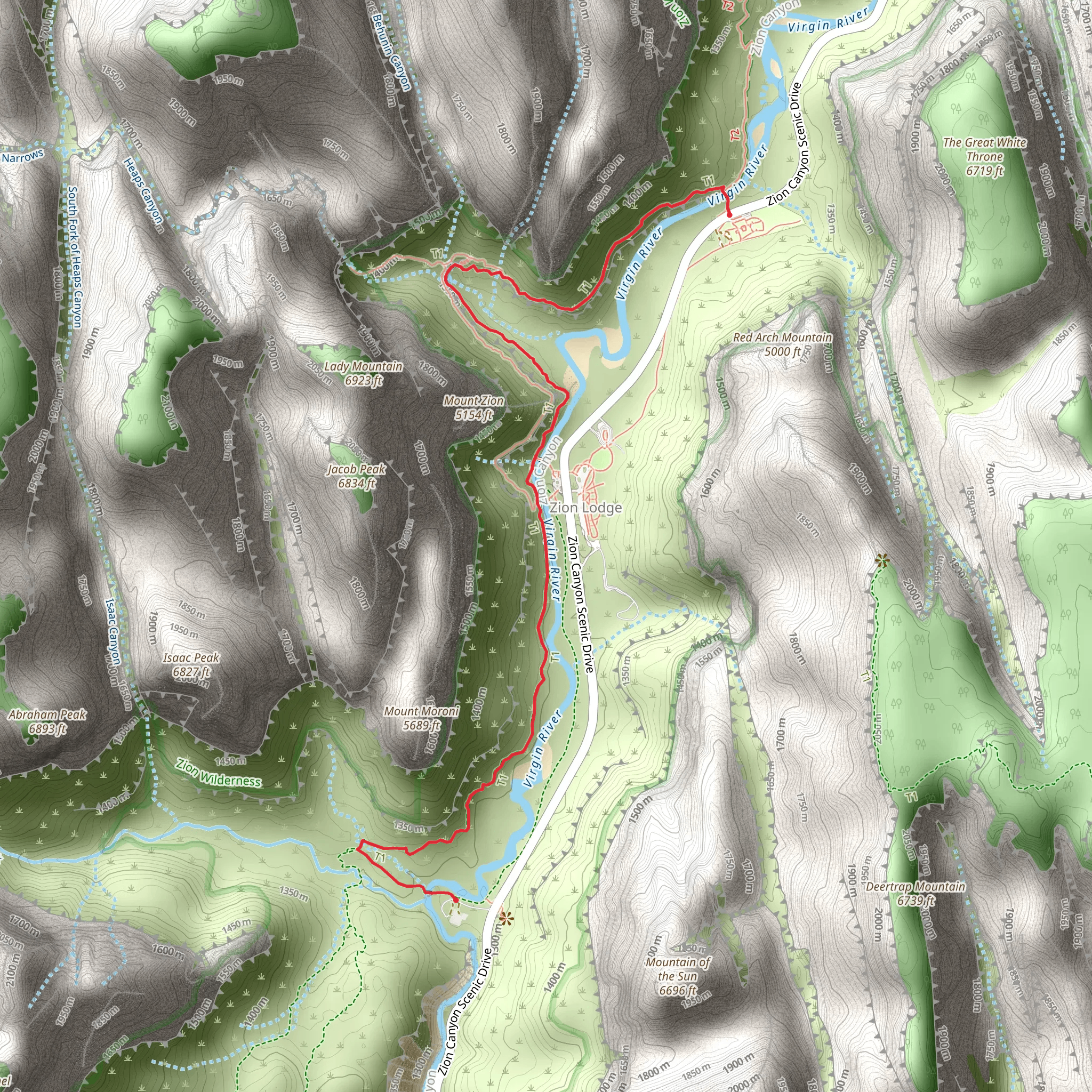 Lower Emerald Pool and Kayenta Trail - Court of the Patriarchs Viewpoint mobile static map