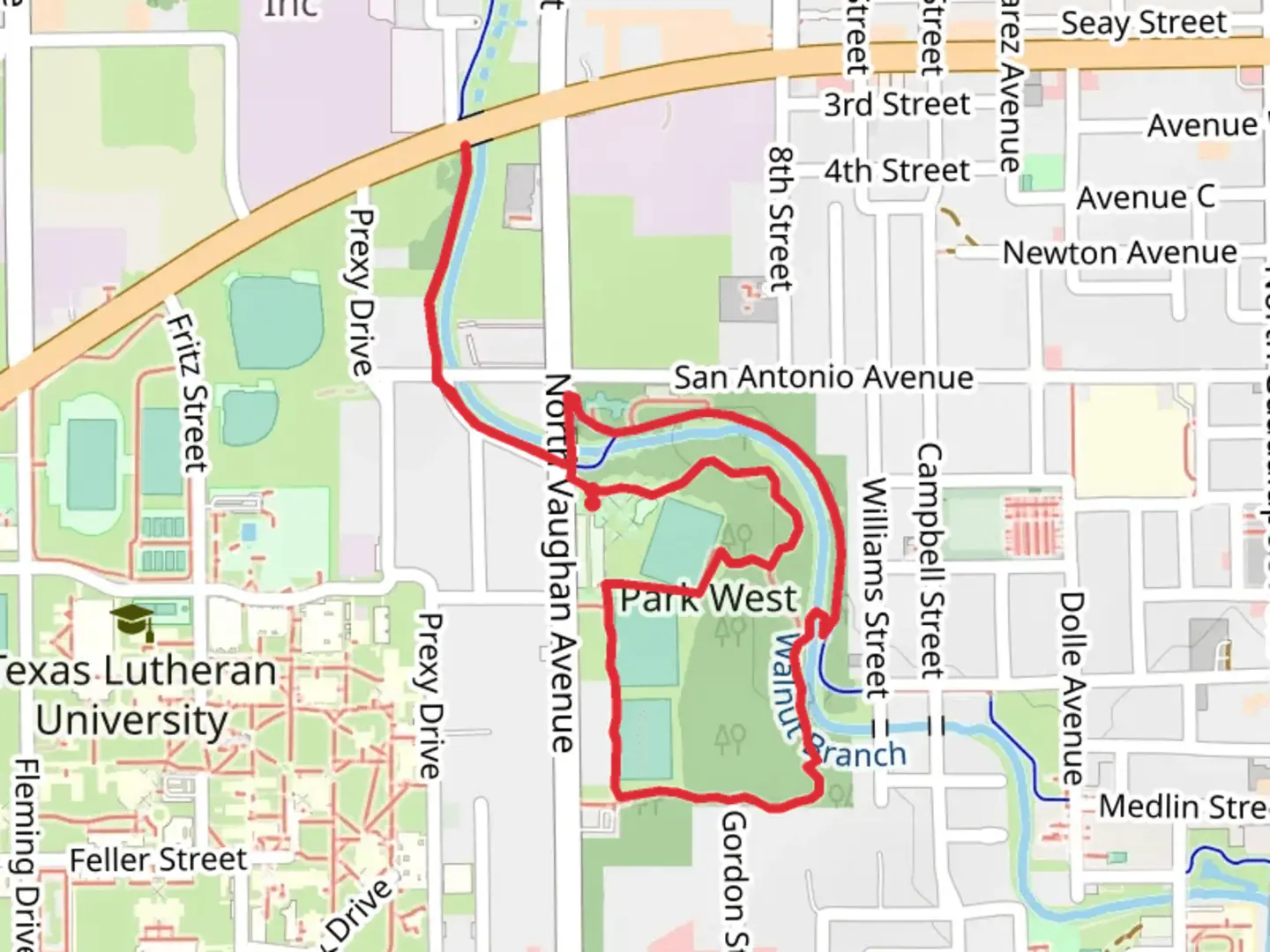 An image depicting the trail Park West Loop and Walnut Springs Trail and its surrounding area.