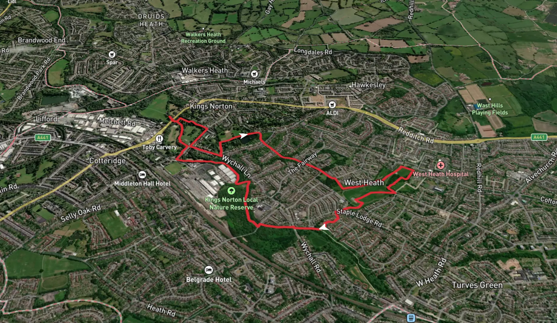 An image depicting the trail King Norton Park and West Heath Park Loop and its surrounding area.
