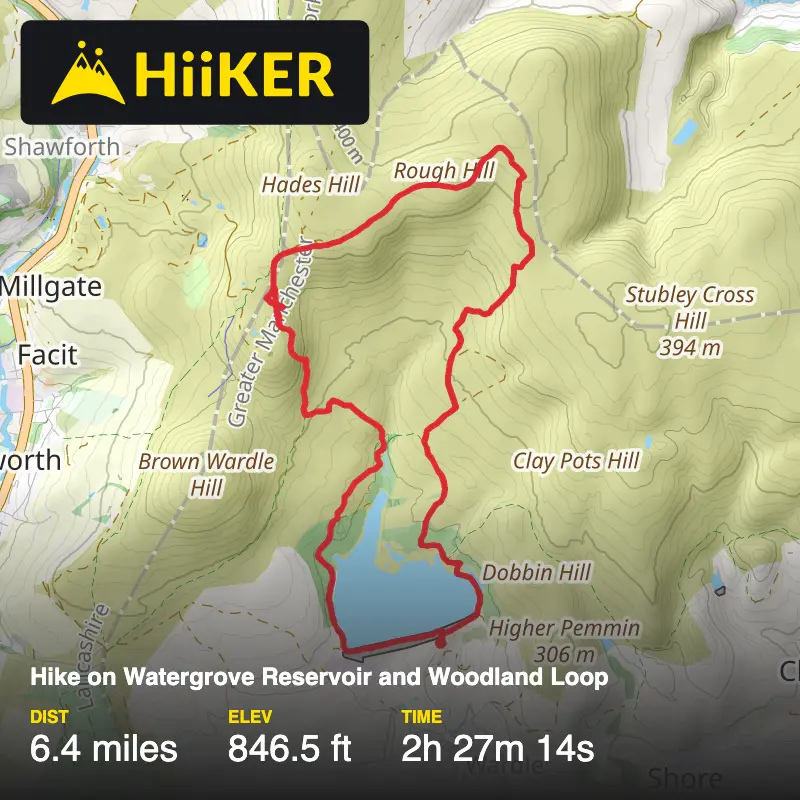 A map preview of the recording Hike on Watergrove Reservoir and Woodland Loop.