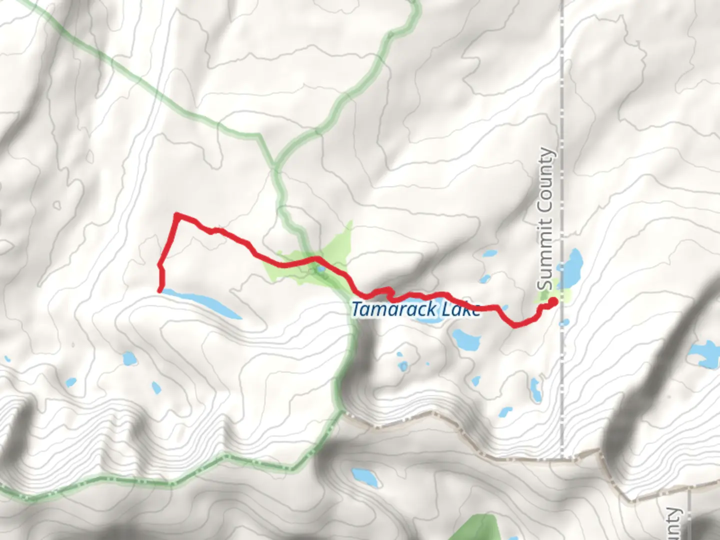 An image depicting the trail Tamarack Lake and Fish Lake via North Slope Highline B Trail and its surrounding area.