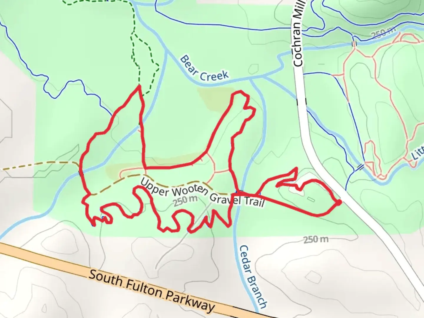 An image depicting the trail Cedar Branch and Zack's Glade Loop and its surrounding area.