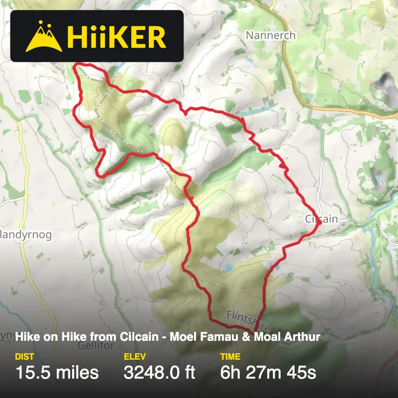 A map preview of the recording Hike on Hike from Cilcain - Moel Famau & Moal Arthur.