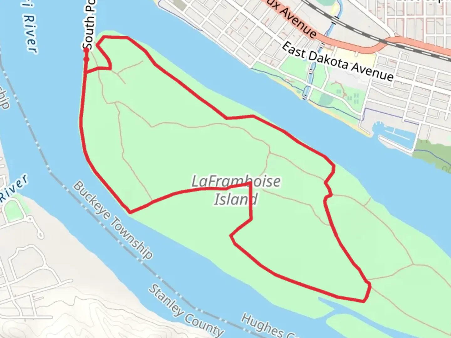An image depicting the trail LaFramboise Island Nature Area Loop and its surrounding area.