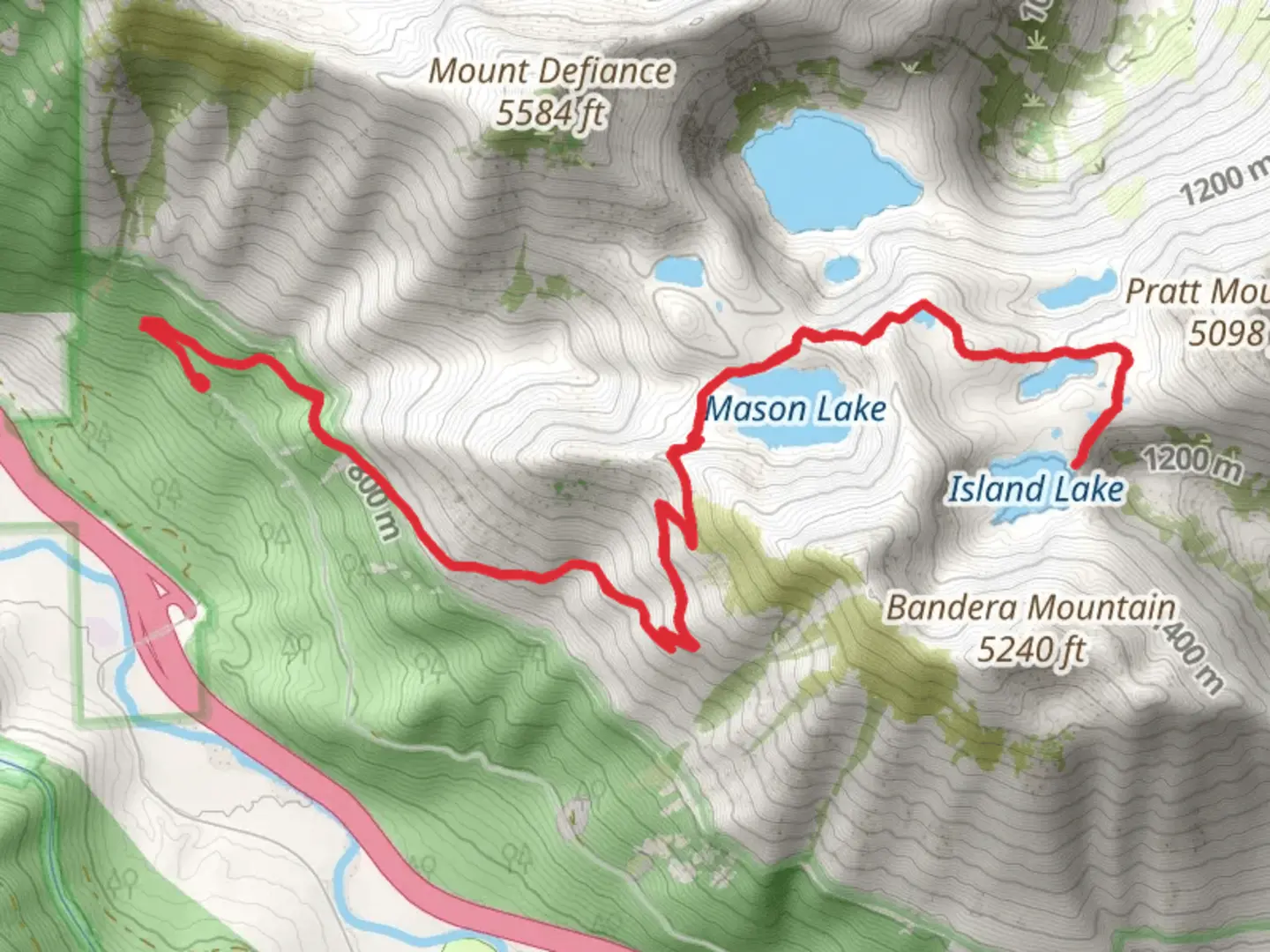 An image depicting the trail Island Lake and Mason Lake via Ira Spring Trail and its surrounding area.