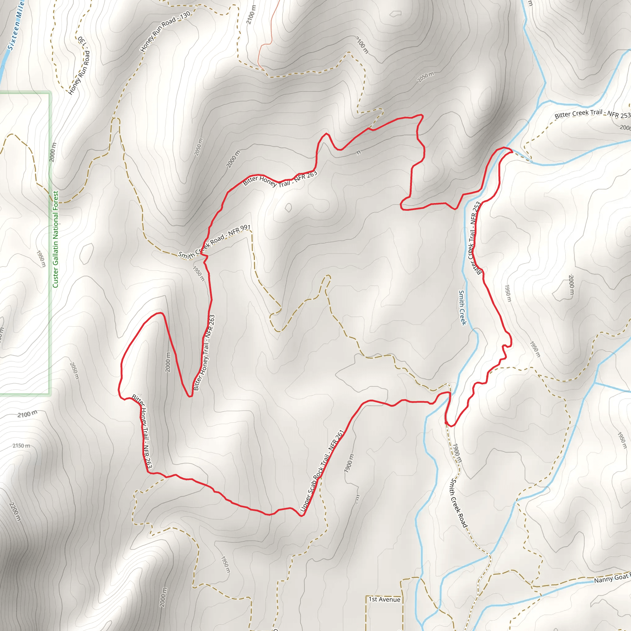 Bitter Honey Trail via Upper Scab Rock Trail and Bitter Creek Trail mobile static map