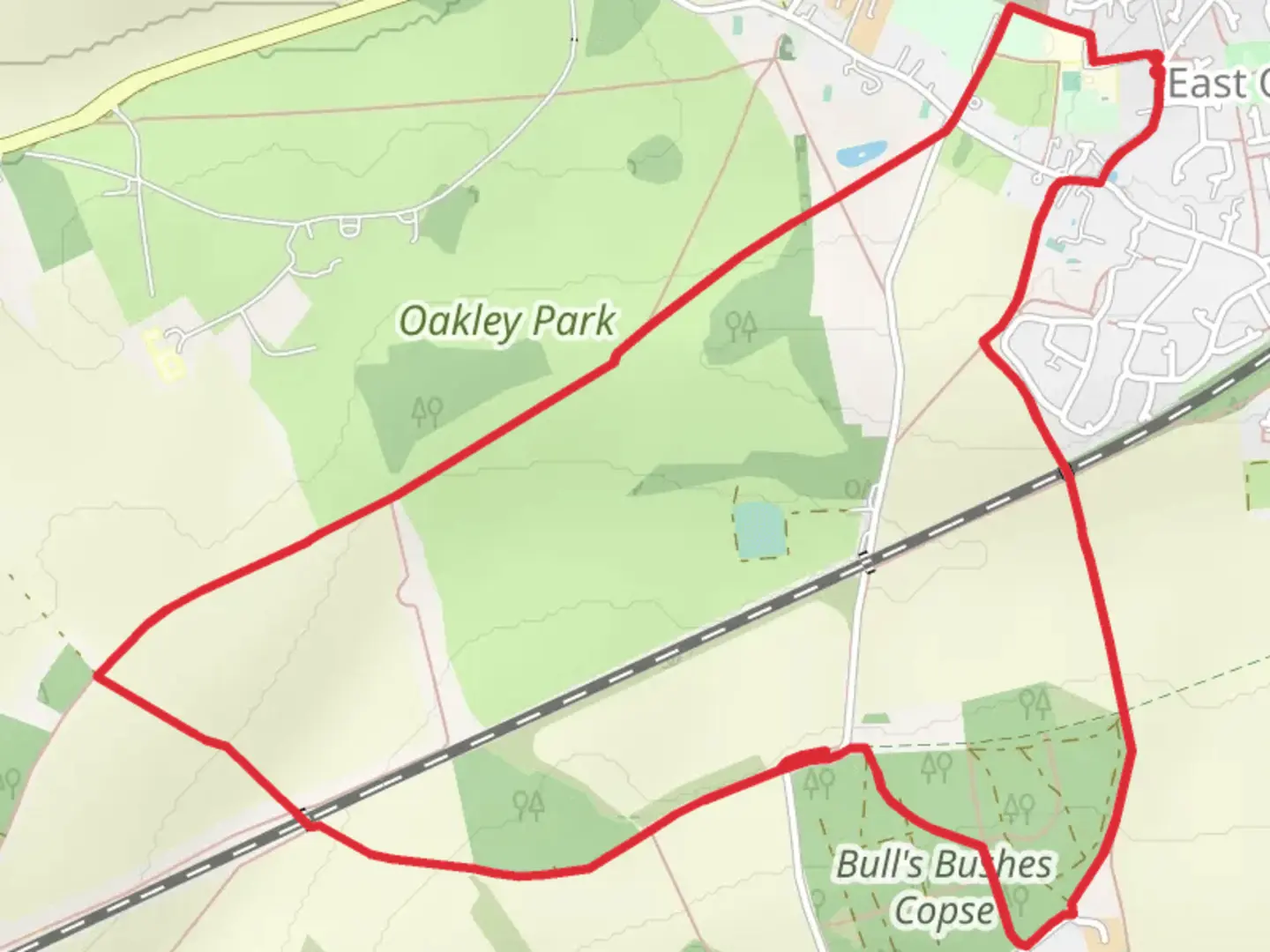 An image depicting the trail Bull's Bushes Copse Loop and its surrounding area.