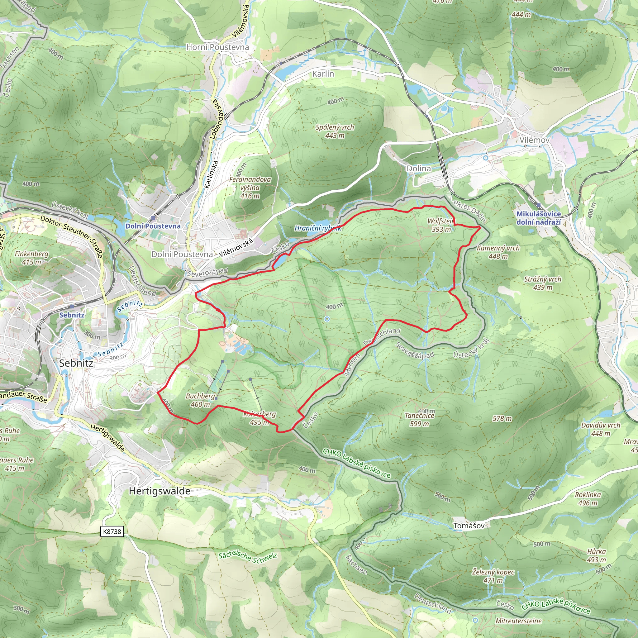 Wiesenwegteich, Wolfstein and Kaiserberg Loop via Sebnitzer Wald mobile static map