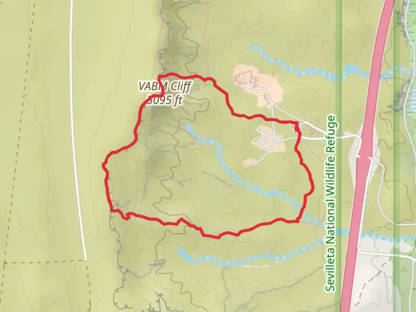 An image depicting the trail Mesa View, VABM Cliff and Ladrones Vista Loop Trail and its surrounding area.