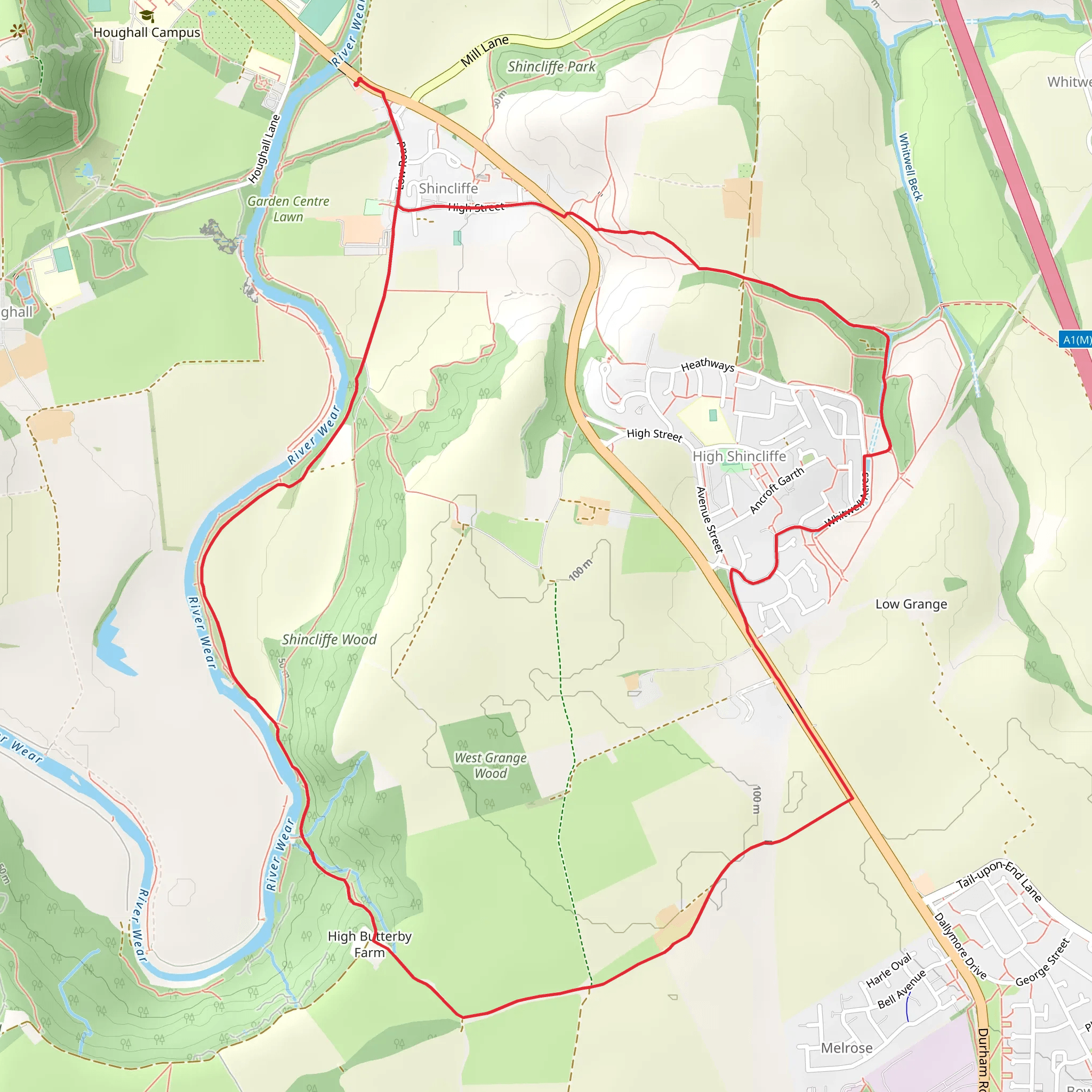 The Sliddings and High Shincliffe Loop mobile static map