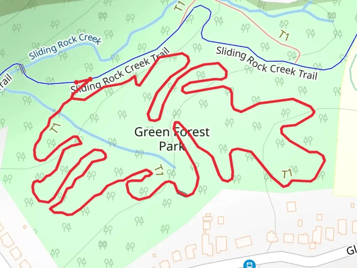 An image depicting the trail Sliding Rock Creek Loop and its surrounding area.
