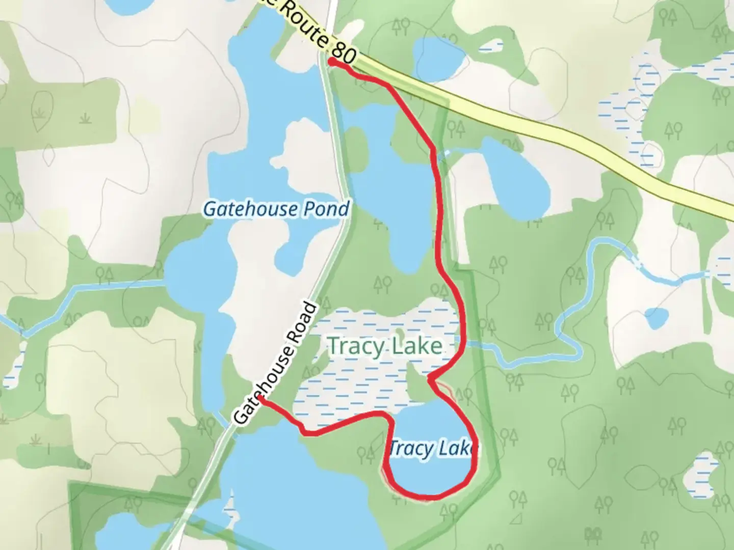 An image depicting the trail Tracy Lake Trail from Gatehouse Pond and its surrounding area.