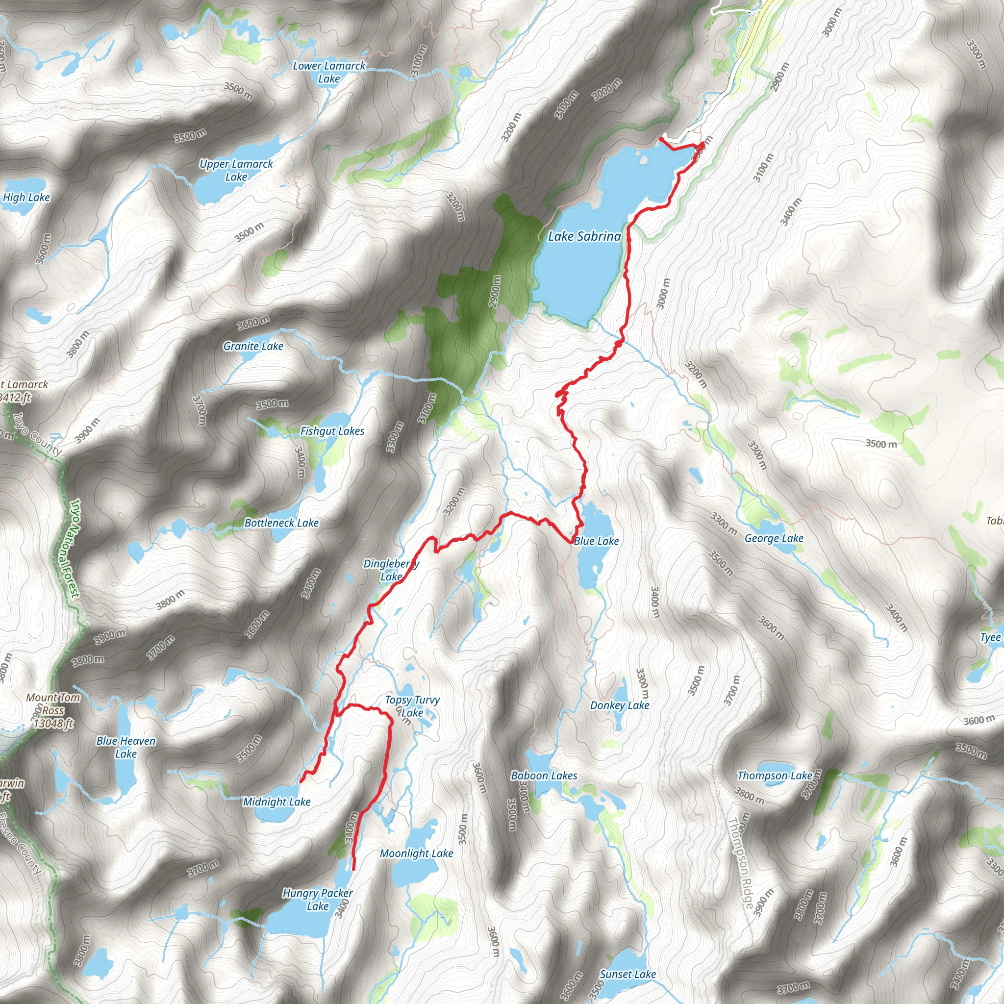 Hungry Packer Lake and Midnight Lake via Sabrina Basin Trail mobile static map