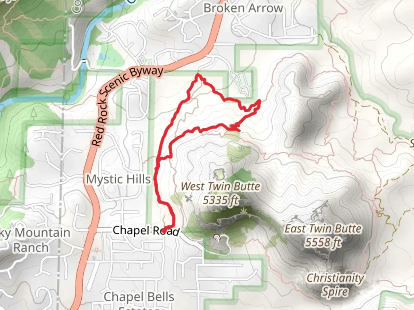 An image depicting the trail Mystic - Peccary - Hog Wash Loop Trail and its surrounding area.