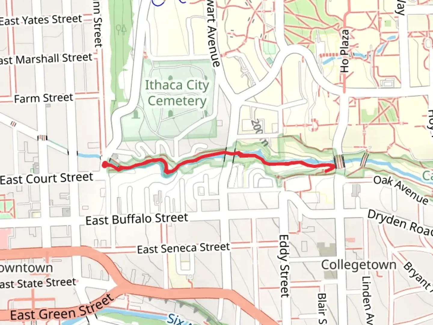 An image depicting the trail Cascadilla Creek via Cascadilla Gorge Trail and its surrounding area.