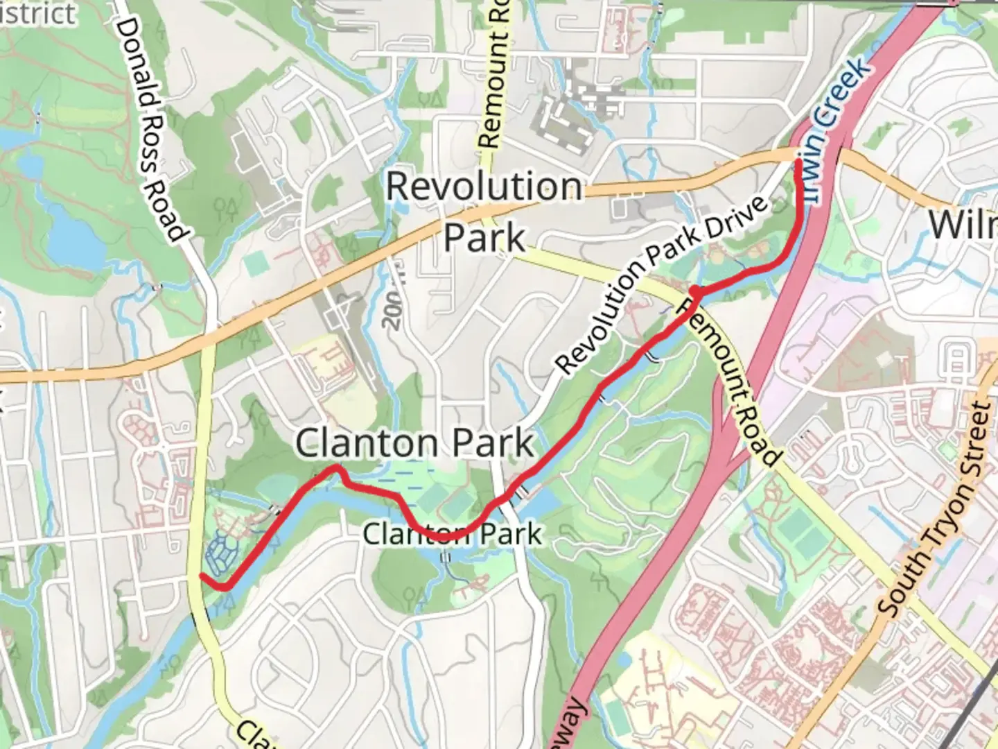 An image depicting the trail Irwin Creek Greenway and its surrounding area.