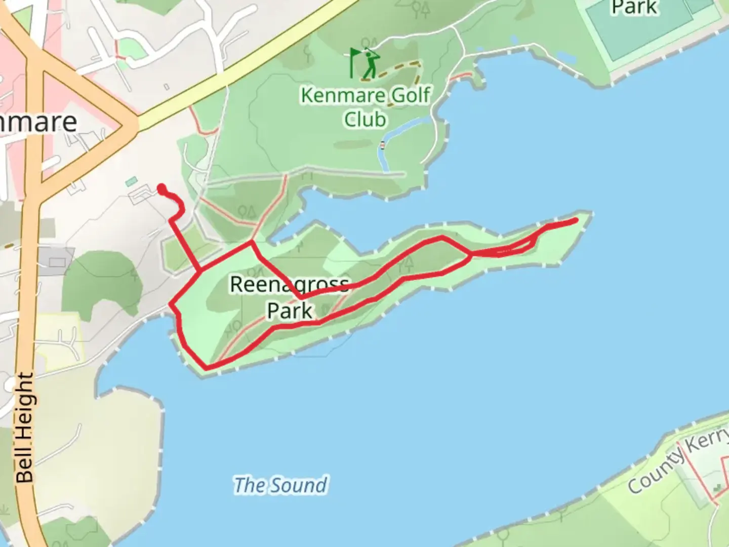 An image depicting the trail Lover's Walk via Reenagross Park and its surrounding area.