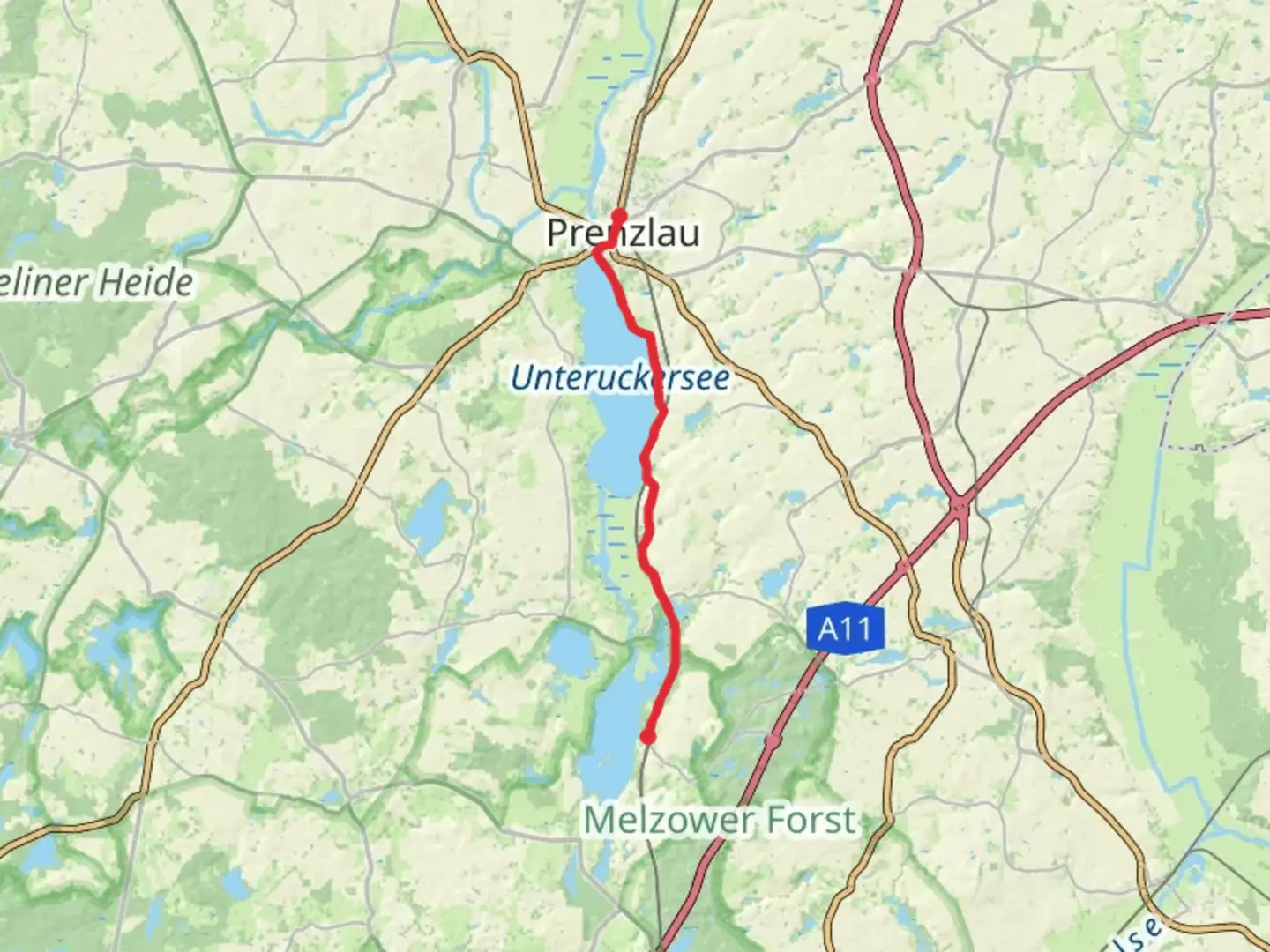 An image depicting the trail Unteruckersee to Oberuckersee Walk from Prenzlau and its surrounding area.