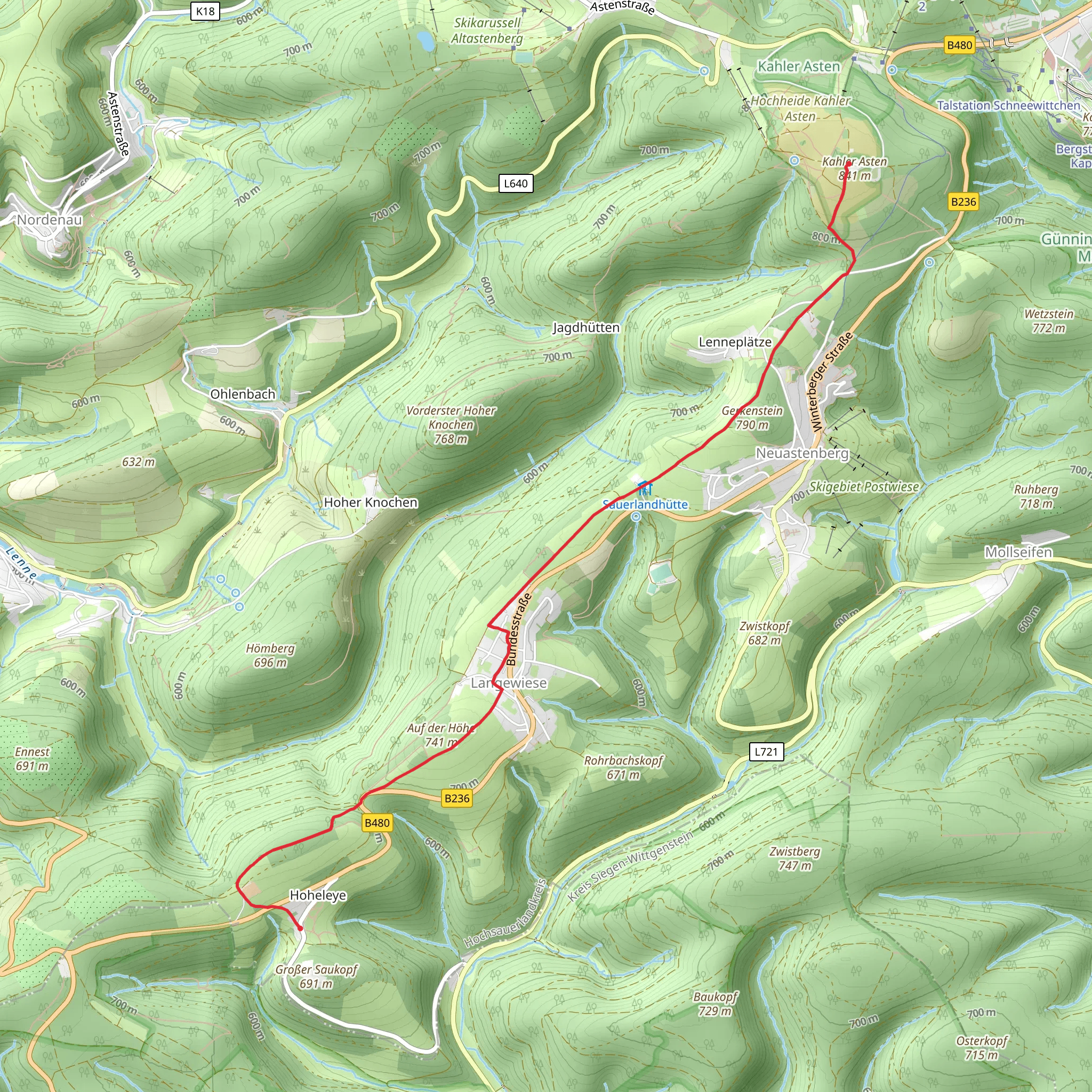 Hoheleye to Kahler Asten via Rothaarsteig mobile static map