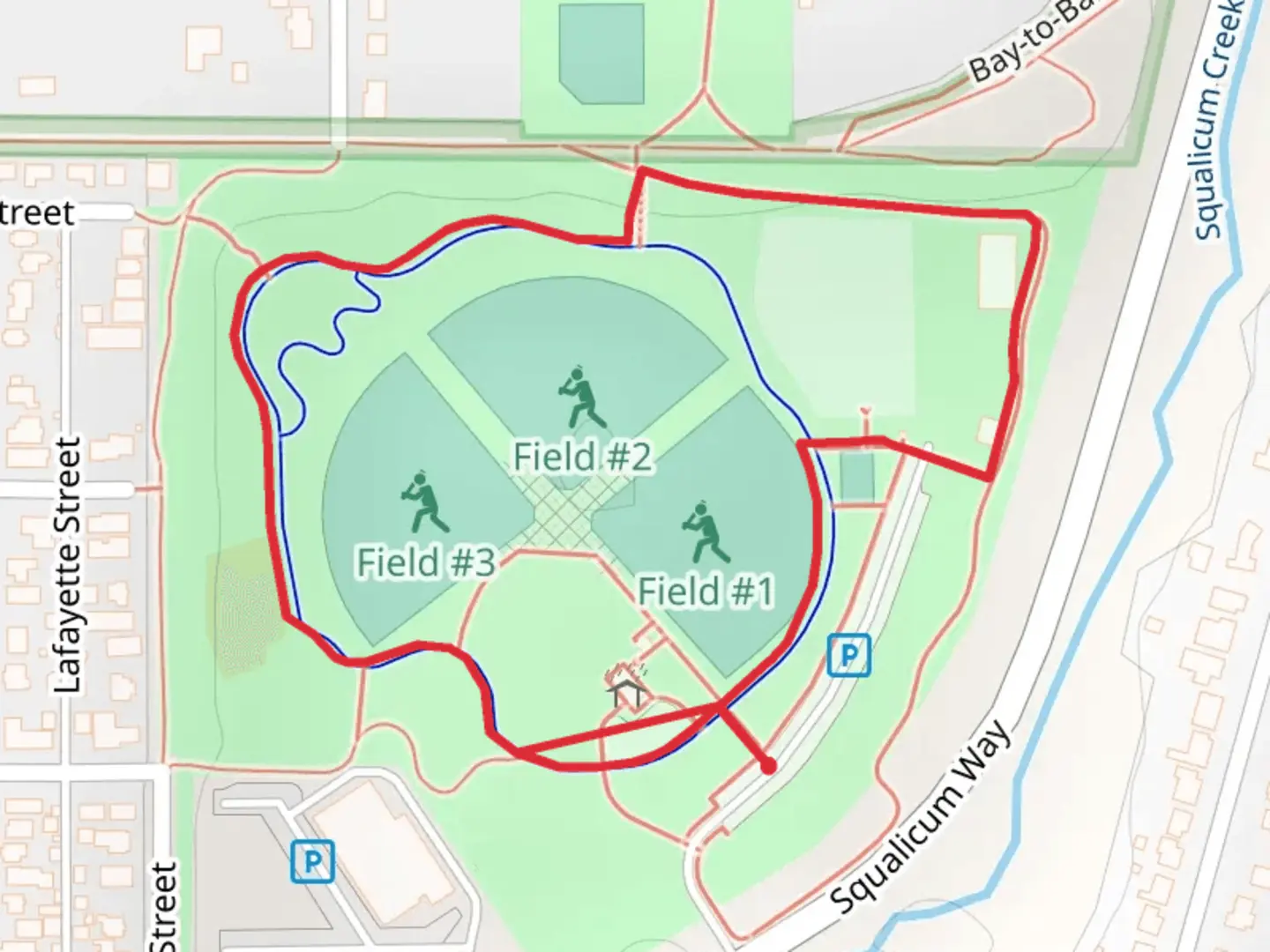 An image depicting the trail Squalicum Creek Park Loop and its surrounding area.
