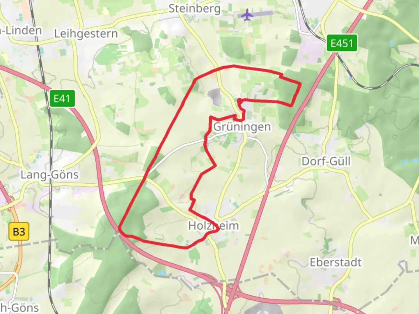 An image depicting the trail Gruningen and Holzheim Loop and its surrounding area.