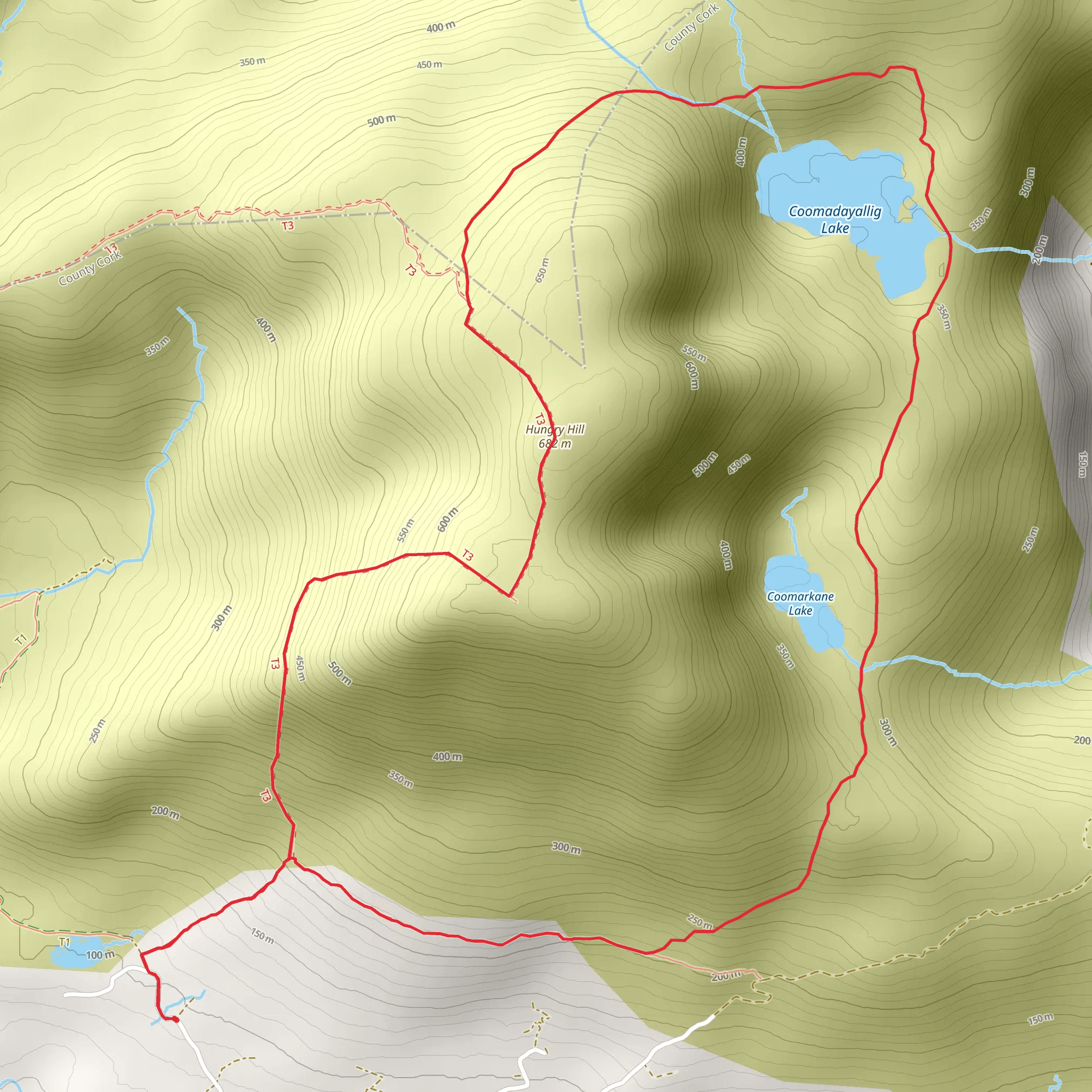 Hungry Hill and Coomarkane Lake Loop mobile static map