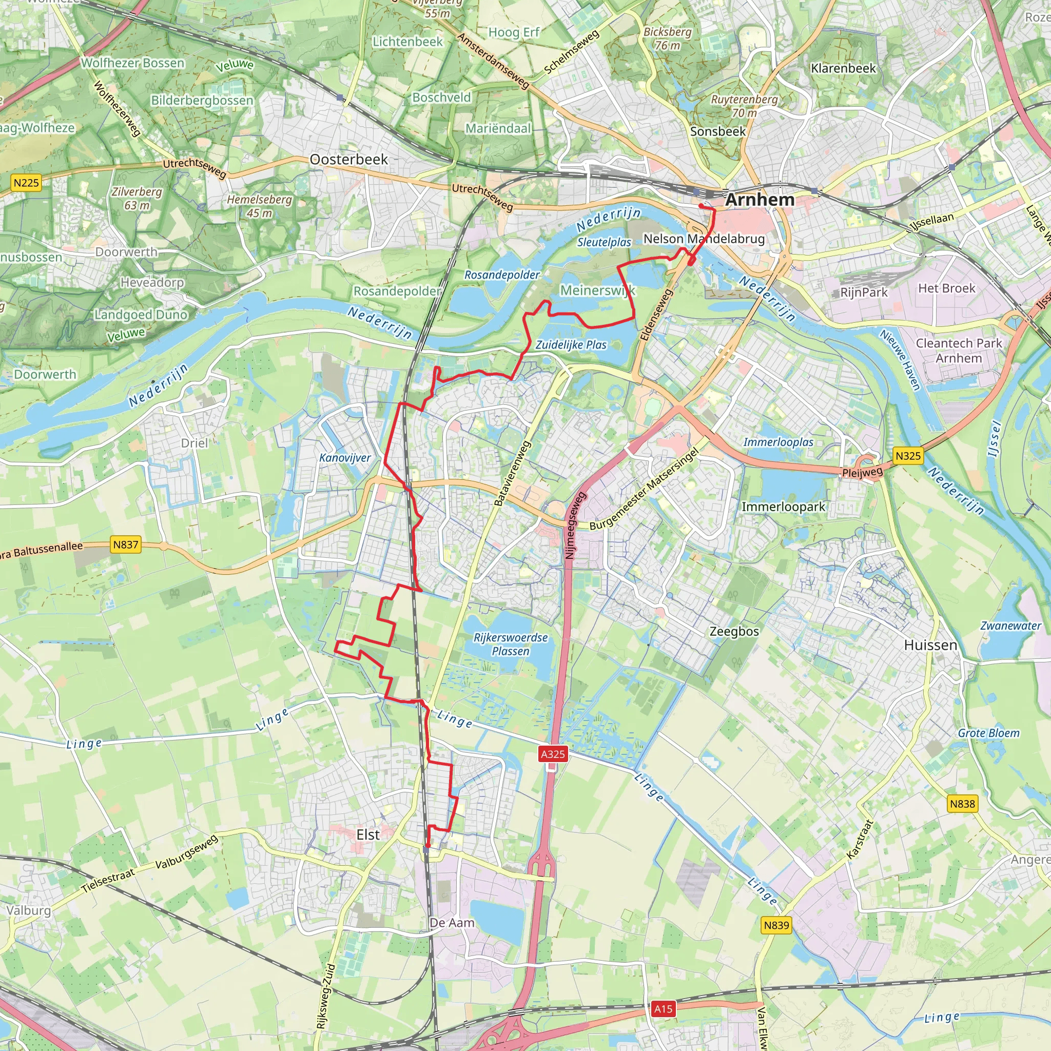 Elst to Central Arnhem via Zuidelijke Plas and Percksepad mobile static map