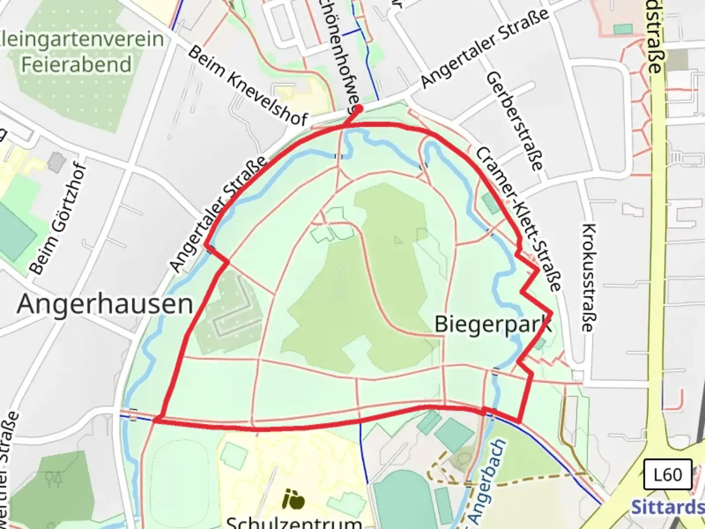 An image depicting the trail Biegerpark Loop and its surrounding area.