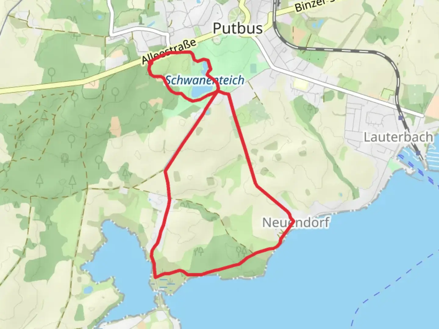An image depicting the trail Schwanenteich and Wreechensee via Kastanienallee and its surrounding area.
