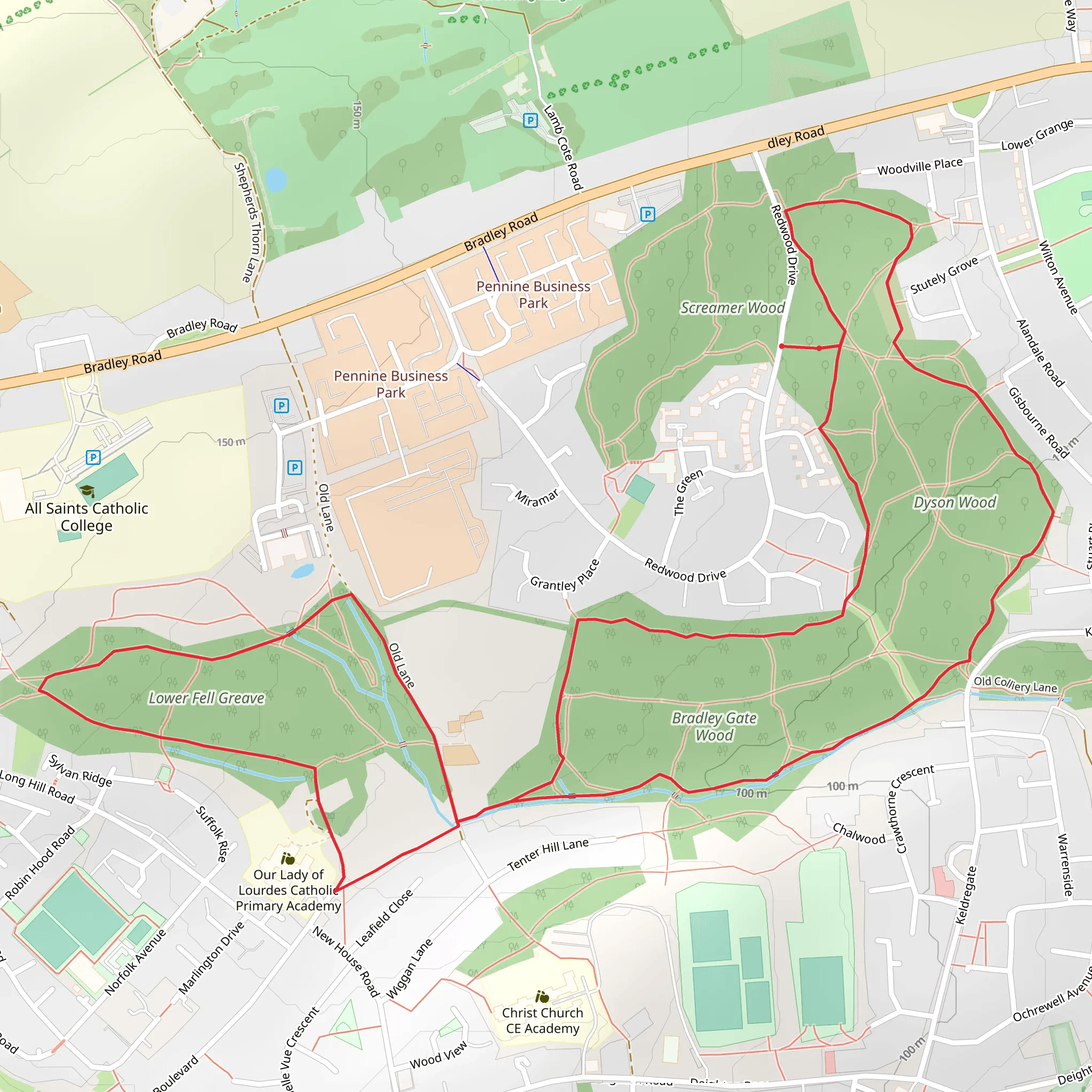 Bradley Gate Wood, Dyson Wood and Lower Fell Greave Loop mobile static map